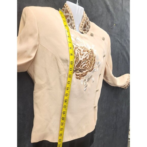 High Drama Womens Blazer Size 8 Beige Leopard Vintage 80s Embroidered Tiger Desi - Picture 10 of 16